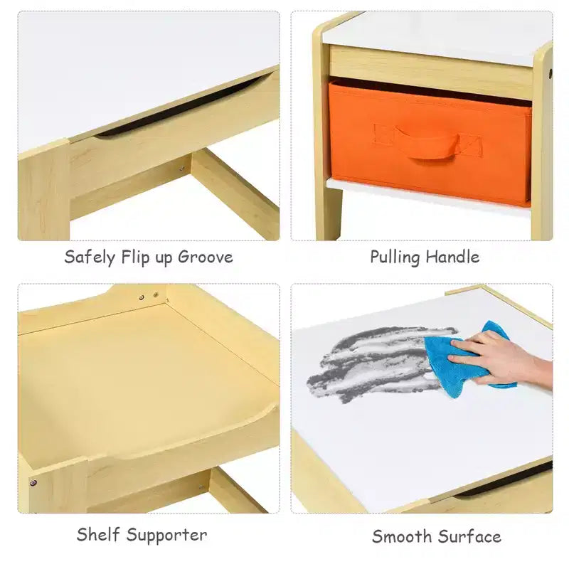 Kindertisch- & Stuhlset mit Aufbewahrungsboxen, Kreidetafel & Whiteboard, Grau & Natur