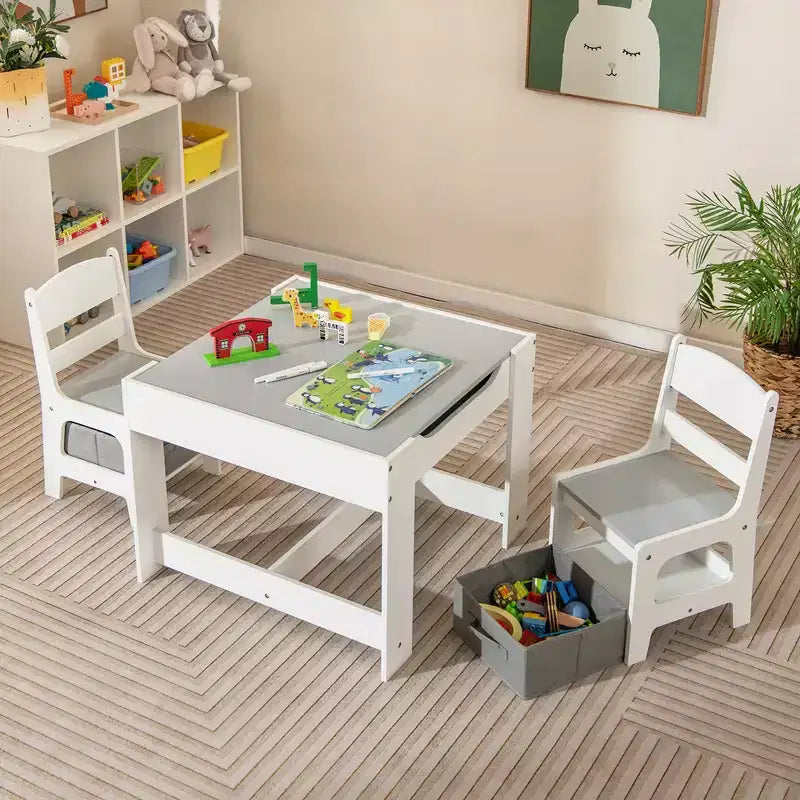 Kindertisch- & Stuhlset mit Aufbewahrungsboxen, Kreidetafel & Whiteboard, Grau & Natur