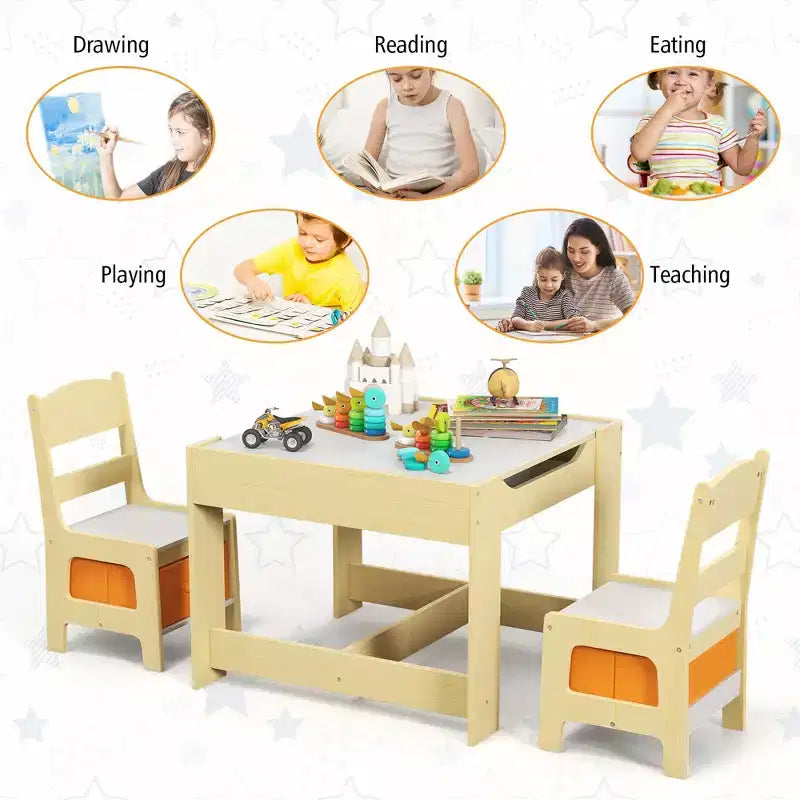 Kindertisch- & Stuhlset mit Aufbewahrungsboxen, Kreidetafel & Whiteboard, Grau & Natur