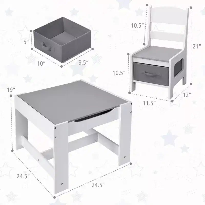Kindertisch- & Stuhlset mit Aufbewahrungsboxen, Kreidetafel & Whiteboard, Grau & Natur