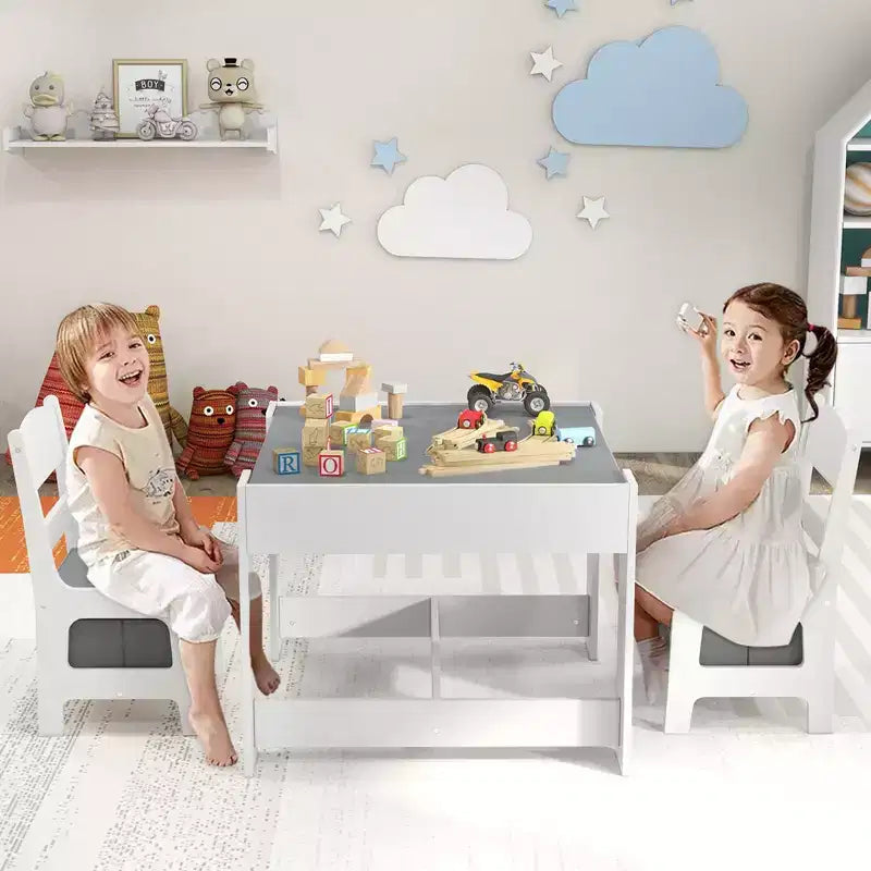Kindertisch- & Stuhlset mit Aufbewahrungsboxen, Kreidetafel & Whiteboard, Grau & Natur