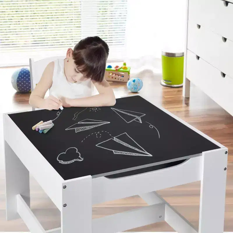 Kindertisch- & Stuhlset mit Aufbewahrungsboxen, Kreidetafel & Whiteboard, Grau & Natur