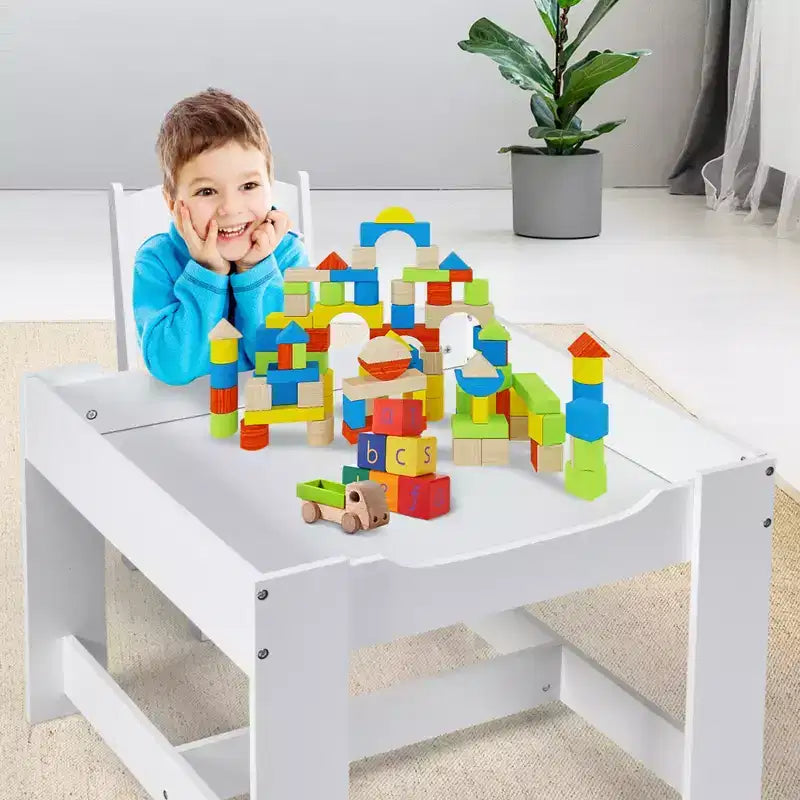 Kindertisch- & Stuhlset mit Aufbewahrungsboxen, Kreidetafel & Whiteboard, Grau & Natur