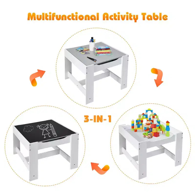 Kindertisch- & Stuhlset mit Aufbewahrungsboxen, Kreidetafel & Whiteboard, Grau & Natur
