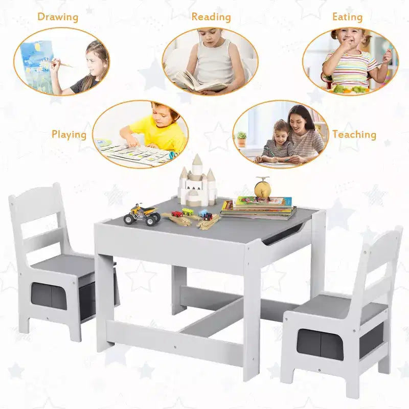 Kindertisch- & Stuhlset mit Aufbewahrungsboxen, Kreidetafel & Whiteboard, Grau & Natur