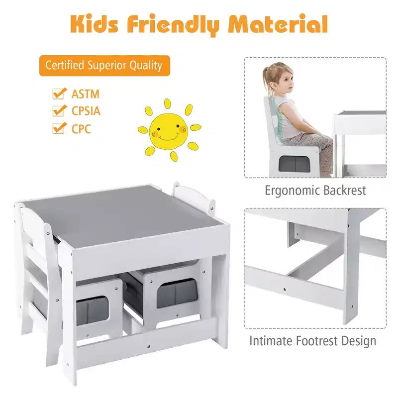 Kindertisch- & Stuhlset mit Aufbewahrungsboxen, Kreidetafel & Whiteboard, Grau & Natur