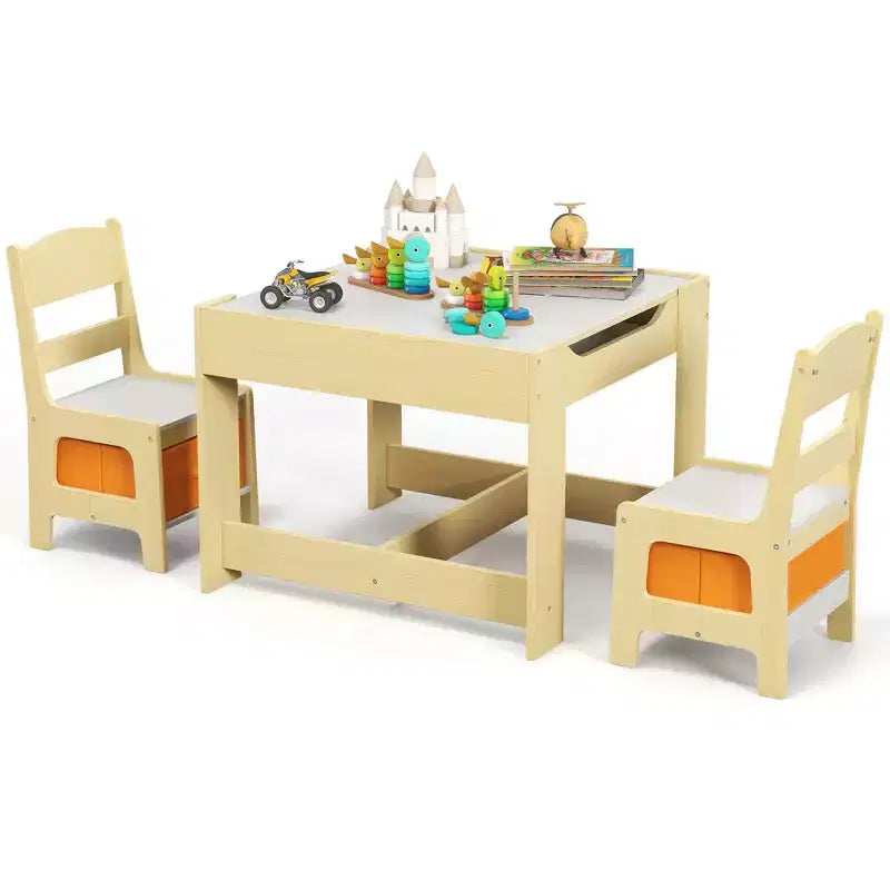 Kindertisch- & Stuhlset mit Aufbewahrungsboxen, Kreidetafel & Whiteboard, Grau & Natur