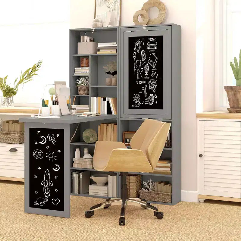 Wandklappschrank mit Kreidetafel, 6 Fächern und verstellbaren Regalböden
