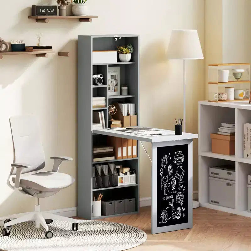 Wandklappschrank mit Kreidetafel, 6 Fächern und verstellbaren Regalböden