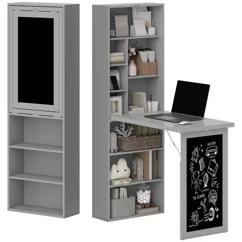 Wandklappschrank mit Kreidetafel, 6 Fächern und verstellbaren Regalböden