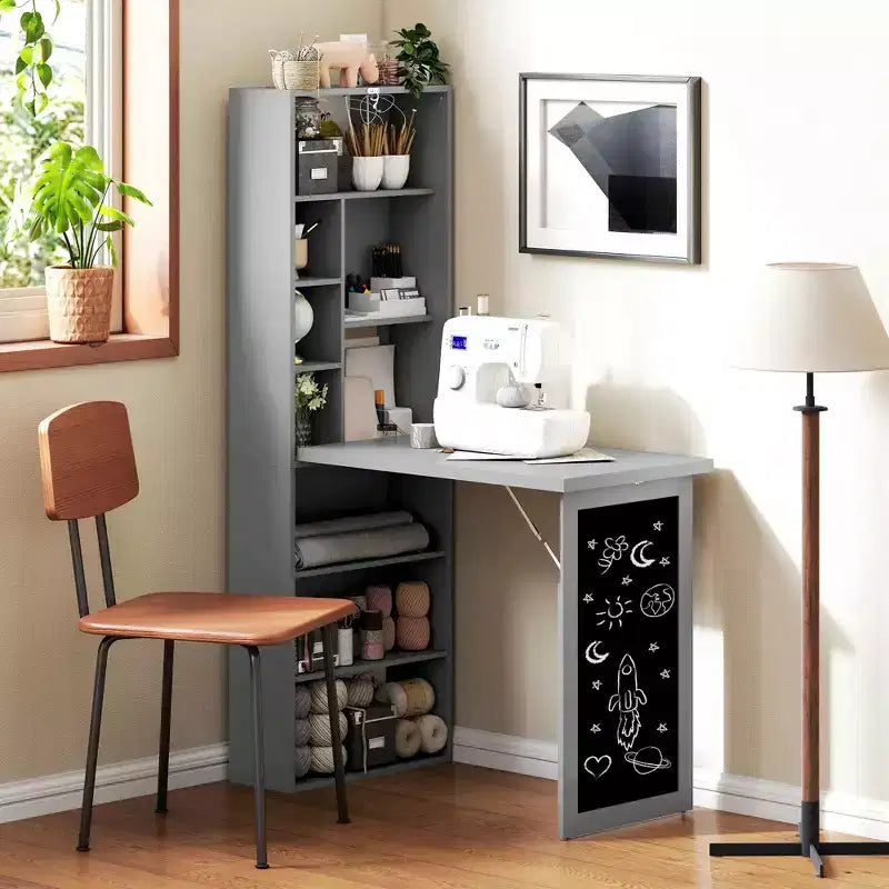 Wandklappschrank mit Kreidetafel, 6 Fächern und verstellbaren Regalböden