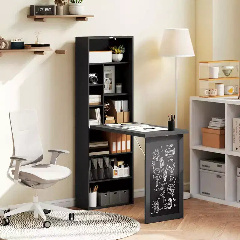 Wandklappschrank mit Kreidetafel, 6 Fächern und verstellbaren Regalböden