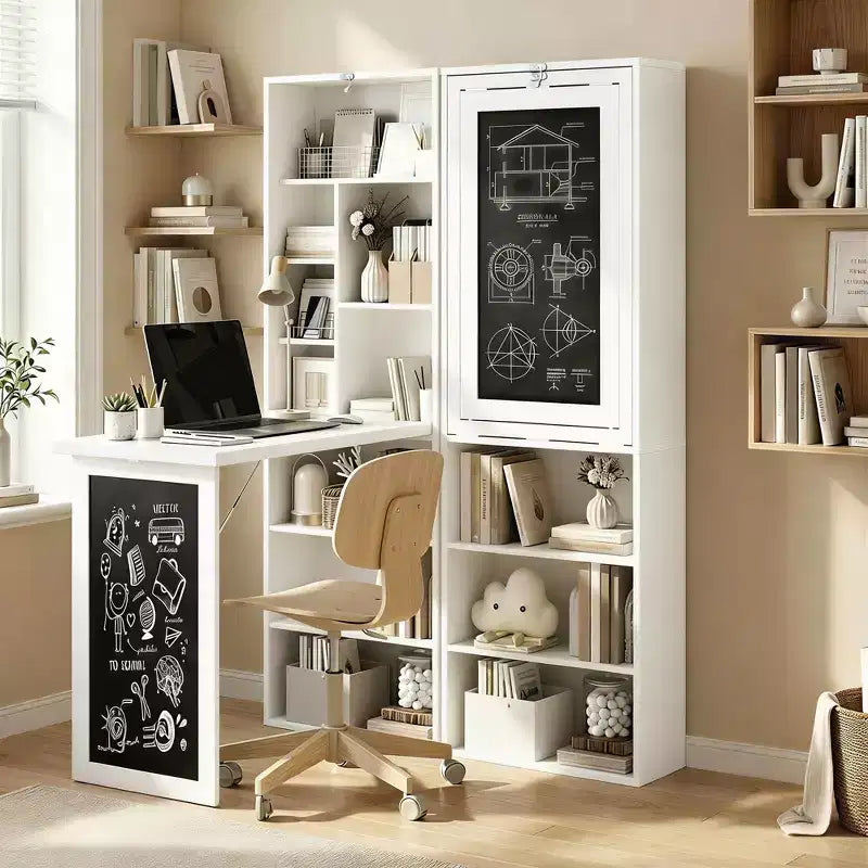 Wandklappschrank mit Kreidetafel, 6 Fächern und verstellbaren Regalböden