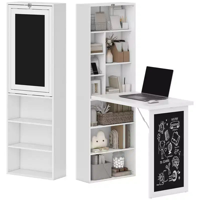 Wandklappschrank mit Kreidetafel, 6 Fächern und verstellbaren Regalböden