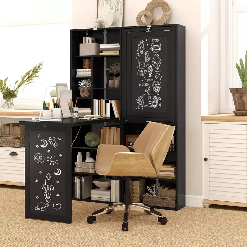 Wandklappschrank mit Kreidetafel, 6 Fächern und verstellbaren Regalböden