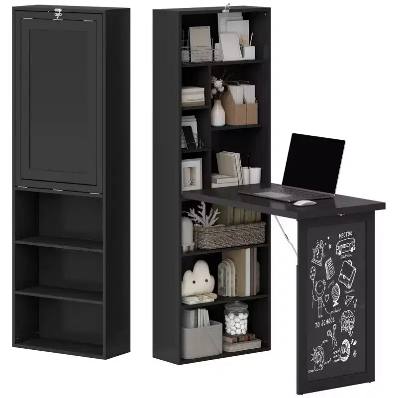 Wandklappschrank mit Kreidetafel, 6 Fächern und verstellbaren Regalböden