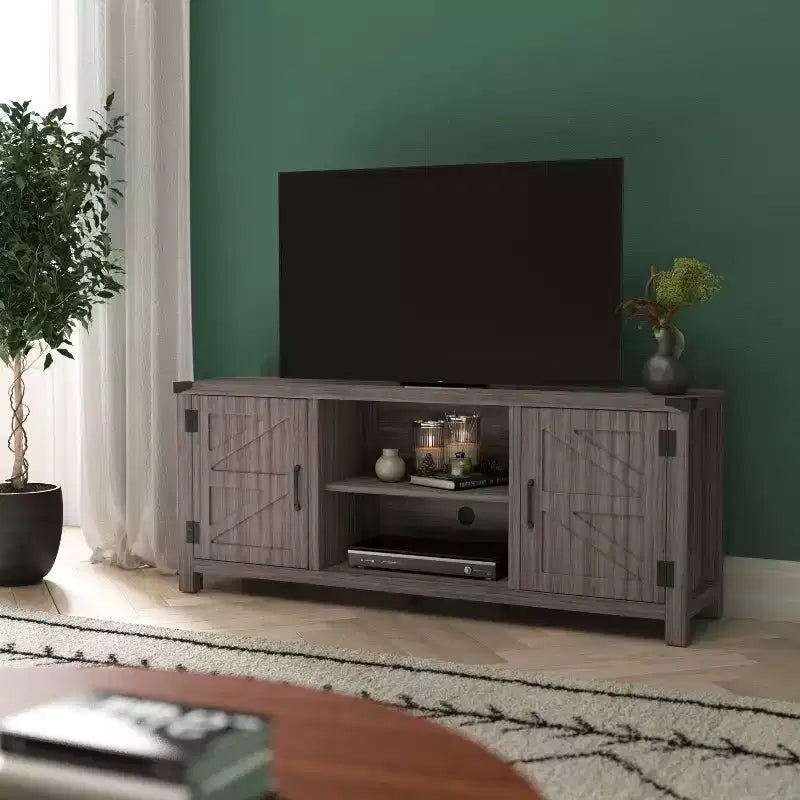 59 Zoll Scheunentor-TV-Ständer für Fernseher bis 65 Zoll, verstellbare Ablage, 4 Kabelmanagement-Anschlüsse