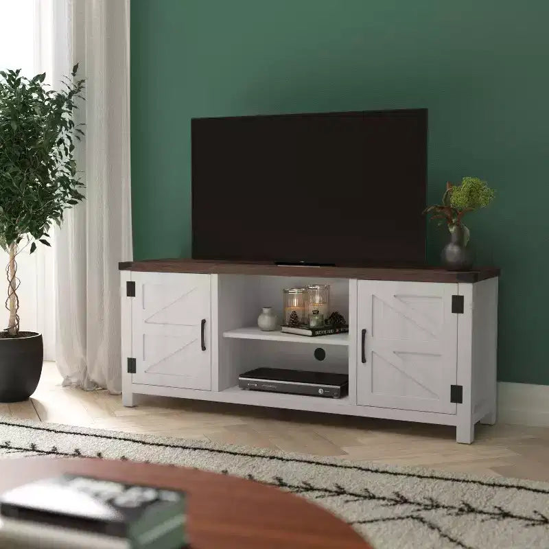 59 Zoll Scheunentor-TV-Ständer für Fernseher bis 65 Zoll, verstellbare Ablage, 4 Kabelmanagement-Anschlüsse