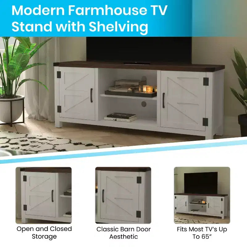 59 Zoll Scheunentor-TV-Ständer für Fernseher bis 65 Zoll, verstellbare Ablage, 4 Kabelmanagement-Anschlüsse