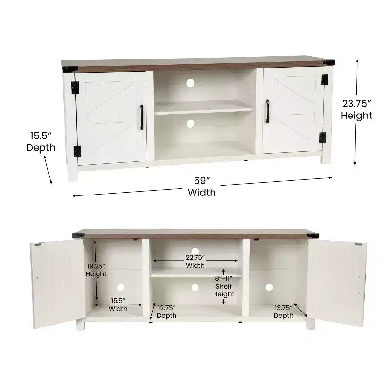 59 Zoll Scheunentor-TV-Ständer für Fernseher bis 65 Zoll, verstellbare Ablage, 4 Kabelmanagement-Anschlüsse