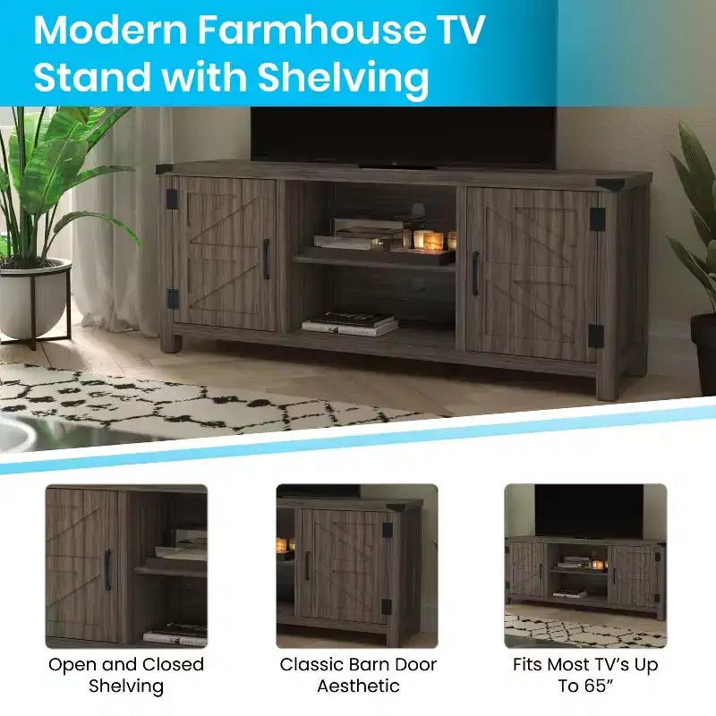 59 Zoll Scheunentor-TV-Ständer für Fernseher bis 65 Zoll, verstellbare Ablage, 4 Kabelmanagement-Anschlüsse