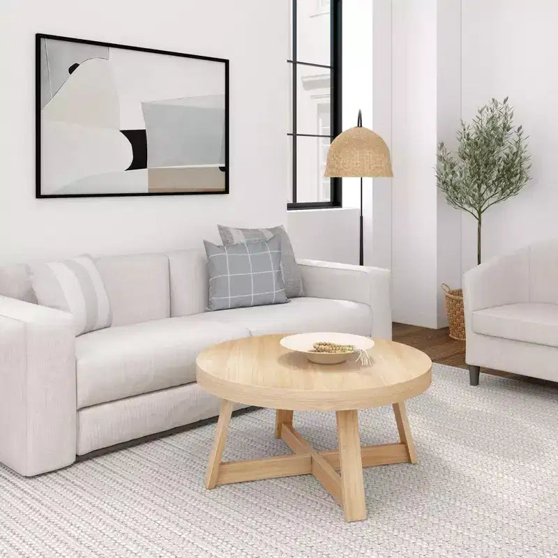 36 Zoll runder Couchtisch aus Massivholz im Bauernhaus-Stil für das Wohnzimmer, klassische Naturholz-Oberfläche