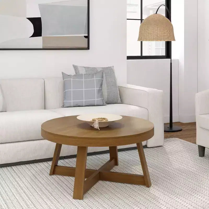 36 Zoll runder Couchtisch aus Massivholz im Bauernhaus-Stil für das Wohnzimmer, klassische Naturholz-Oberfläche