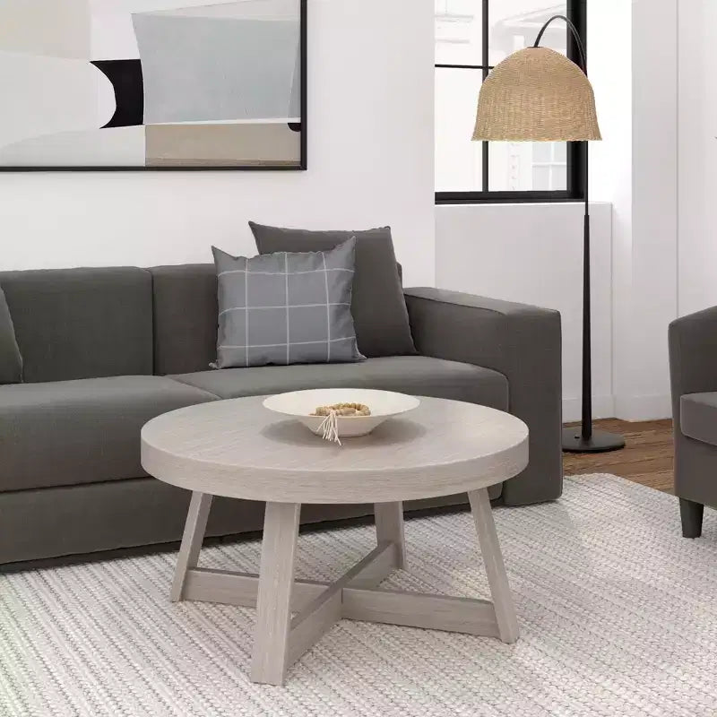 36 Zoll runder Couchtisch aus Massivholz im Bauernhaus-Stil für das Wohnzimmer, klassische Naturholz-Oberfläche