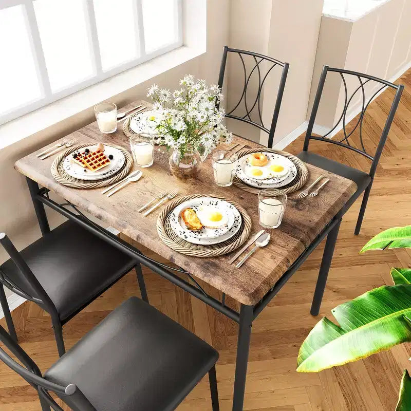 5-teiliges Retro-Esstischset mit 4 gepolsterten Stühlen, MDF-Platte & Metallgestell, für 4 Personen